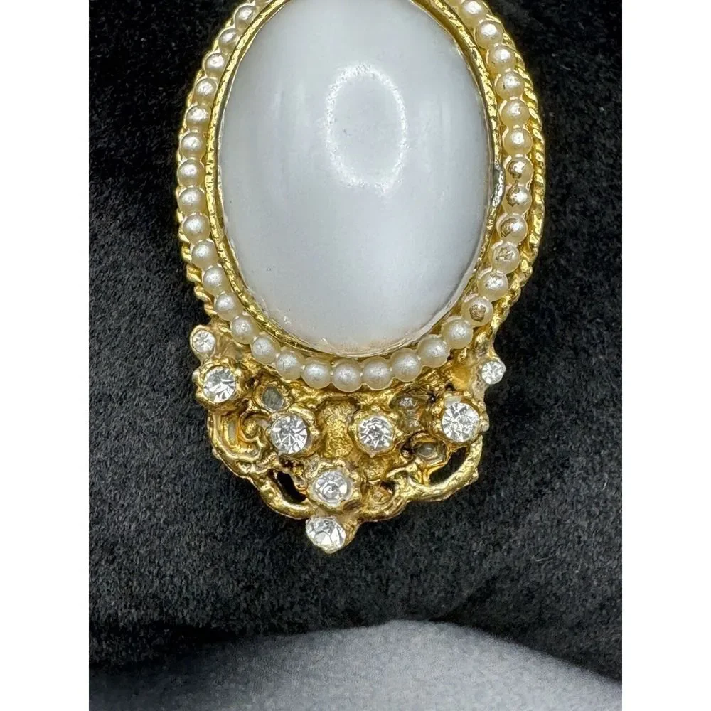 Vintage Gold Tone Brooch Rhinestone Faux Seed Pearl White Glass Cabochon Pendant